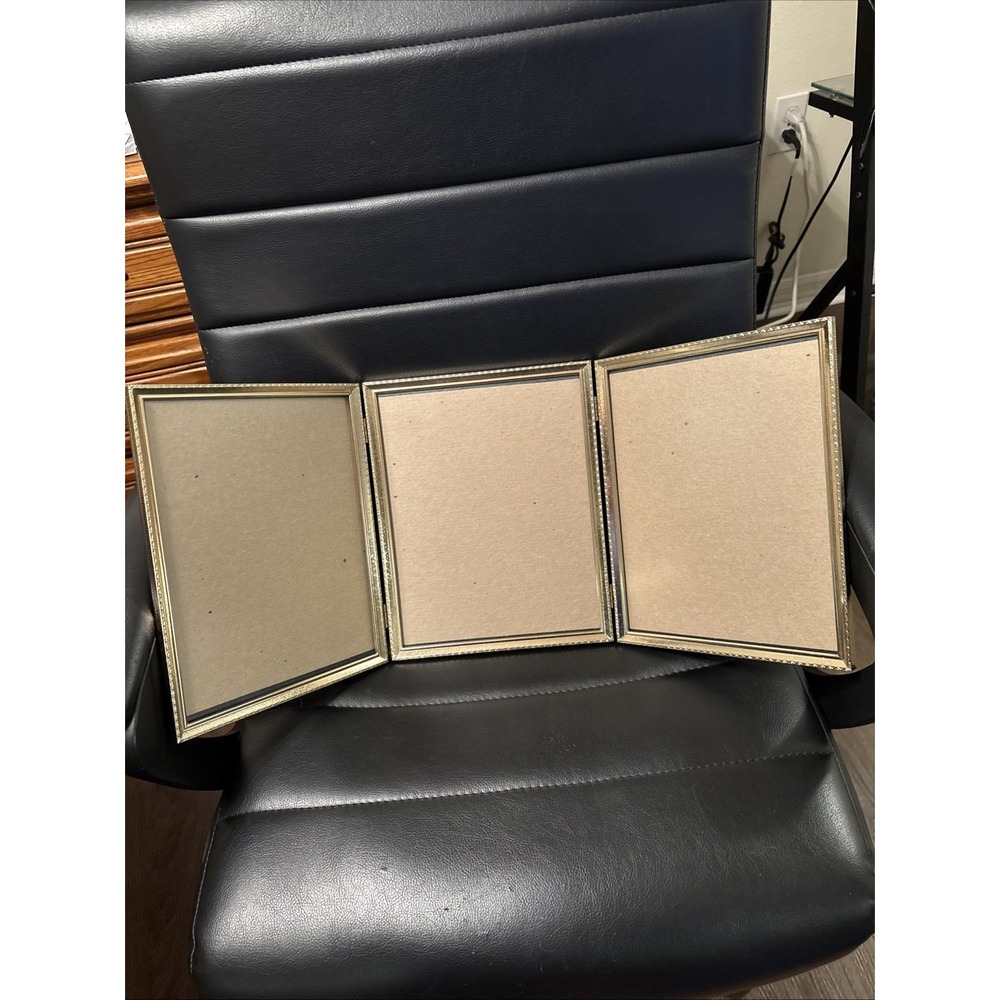 Vintage Tri Fold 8x10 Photo Frame Gold Tone Metal Glass Holds 3-8x10